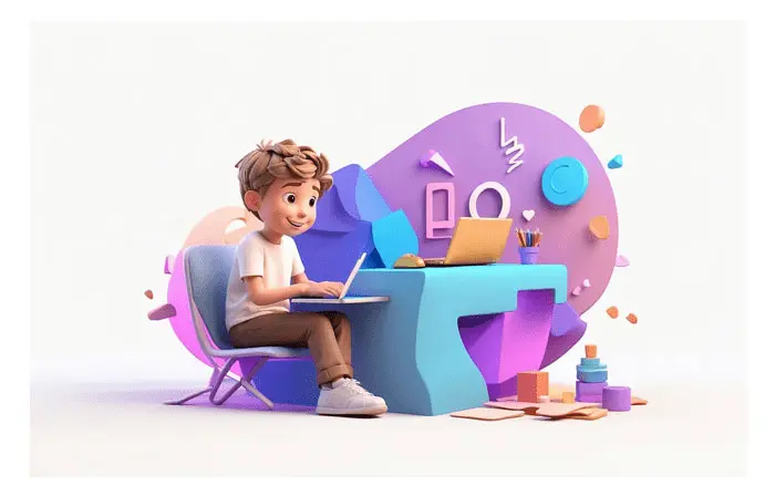 Boy Studying at Home with Laptop 3D Art Illustration
